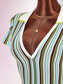 Amplova Colorblock Striped Polo Collar Cinched Waist A-Line Knit Mini Dress - Multicolor - View 3