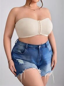 SHEIN CURVE+ 前拉鍊大尺碼收胸加墊內衣背心，Curve Plus，Hoho Vacation - 杏色 - 查看 3