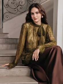 Anewsta Women's Autumn Lace Floral Vintage Green Minimalist Blouse - Army Green - View 2