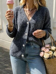 INAWLY Women's Knitted Cardigan Jacket With Buttons, Streetwear Sweater - Grey - View 1