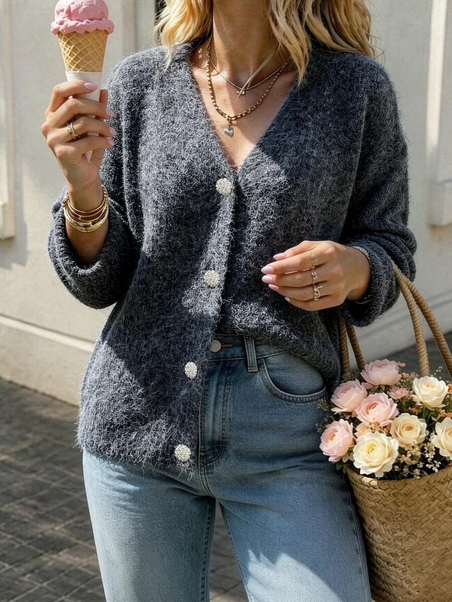 INAWLY Women's Knitted Cardigan Jacket With Buttons, Streetwear Sweater - Grey - View 1