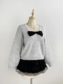 Elamini Women's Autumn/Winter Fashion Elegant Versatile Party Photo-Ready Hollow Bow Pullover Sweater - Grey - View 7