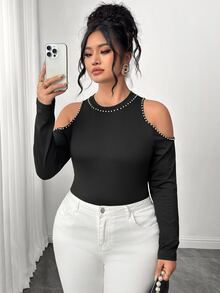 Elenzga Plus Size Elegant Cold Shoulder Beaded Black Long Sleeve Round Neck Top, Party Elastic T-Shirt - Black - View 1