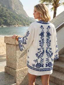 CAJUNI Women's Summer Beach Vacation Floral Print Kimono, Summer Vacation Elegant Resort - Blue and White - View 4