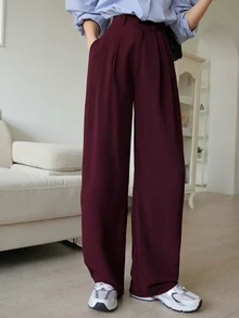 DAZY 女款純色直筒口袋長褲，極簡百搭通勤西裝褲 - 咖啡棕 - 查看 4