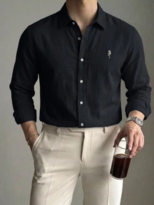 DAZY Long Sleeve Solid Color Embroidered Pattern Men's Shirt Fall - Navy Blue - View 1