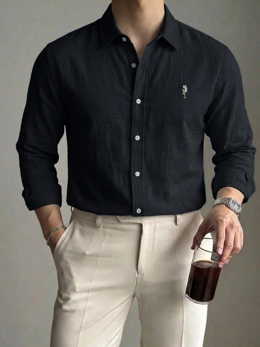 DAZY Long Sleeve Solid Color Embroidered Pattern Men's Shirt Fall - Navy Blue - View 1