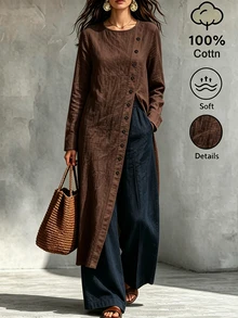 SHEIN 女款圓領前開襟鈕扣長袖襯衫 - 咖啡棕 - 查看 5