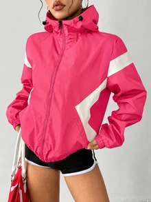 Exploreva Exploreva Women's Striped Colorblock Zip-Up Hooded Sports Jacket - Watermelon Pink - View 6
