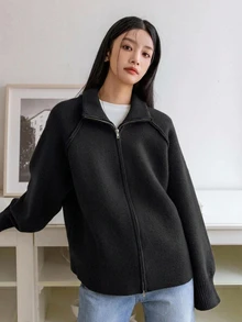 DAZY 秋冬黑色針織開襟衫 寬鬆休閒女款辦公通勤毛衣 - 黑色 - 查看 4