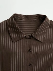 Rusticease Plus Size Women's Striped Long Sleeve Single-Breasted Shirt And Skirt Casual 2 Pieces Set - Brown - View 6