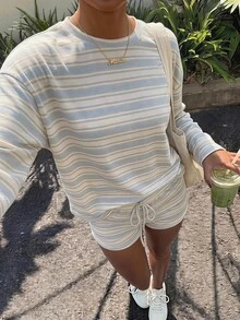Veykashi Plus Size Women's Early Autumn Casual Striped Crew Neck Long Sleeve Top And Drawstring Waist Shorts 2 Pieces Set (Blue Grey) - White - View 4