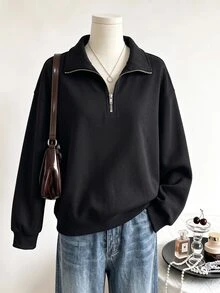 SHEIN Sparklyn 青少年女孩純色休閒百搭日常長袖運動衫 - 黑色 - 查看 5