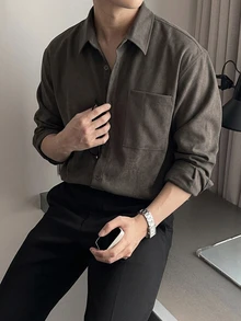 DAZY Spring/Autumn Grey Solid Color Korean Style Casual Men's Shirt - Grey - View 1