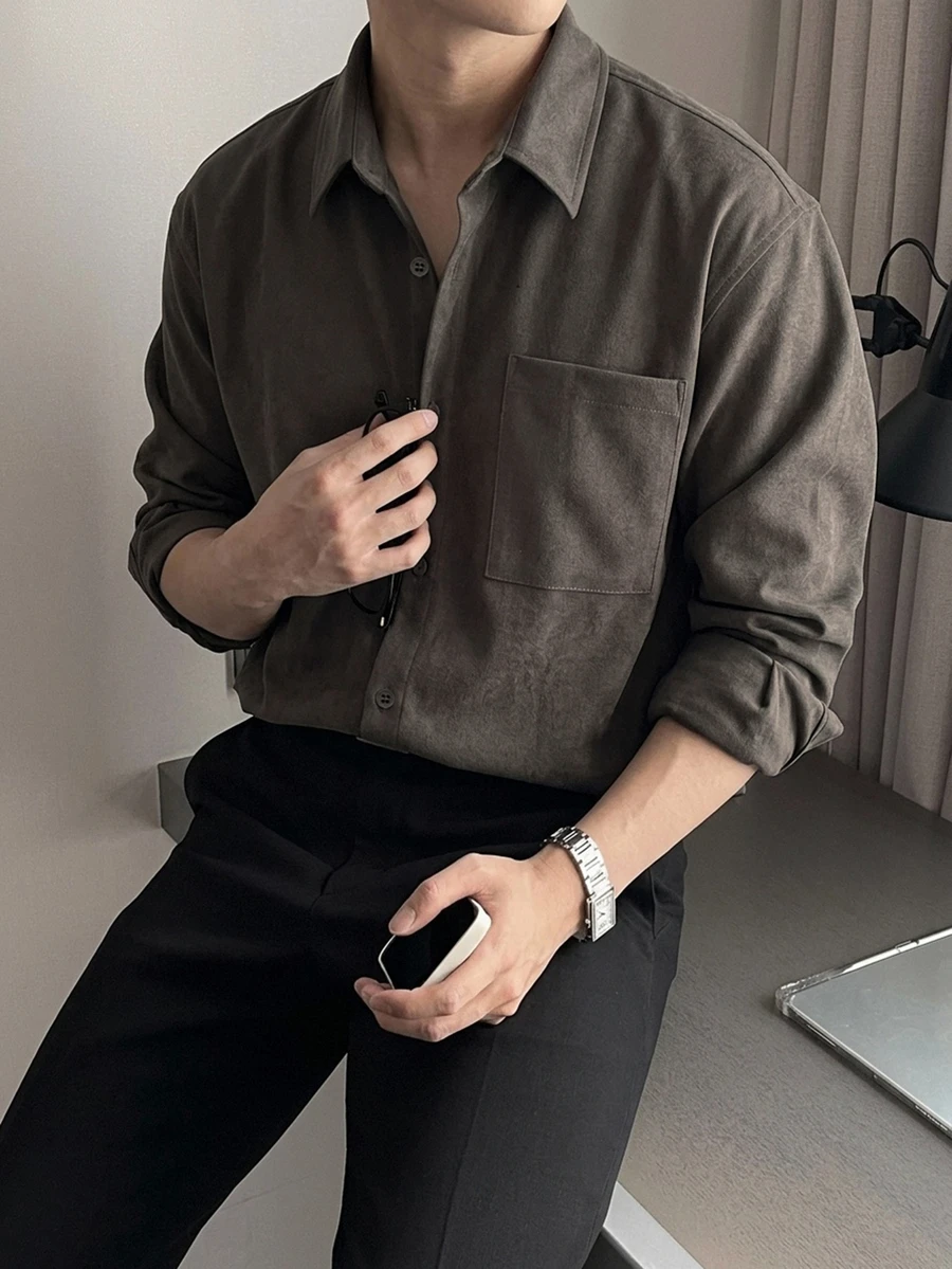 DAZY Spring/Autumn Grey Solid Color Korean Style Casual Men's Shirt - Grey - View 1