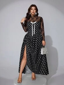 Viva Relle Plus-Size Sexy Lace Polka Dot Bow Dress Fall - Black - View 6