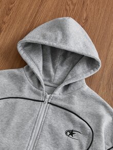 SWAVVY 男士針織時尚日常年輕休閒寬鬆版型英文刺繡長袖連帽衫 - 灰色 - 查看 2