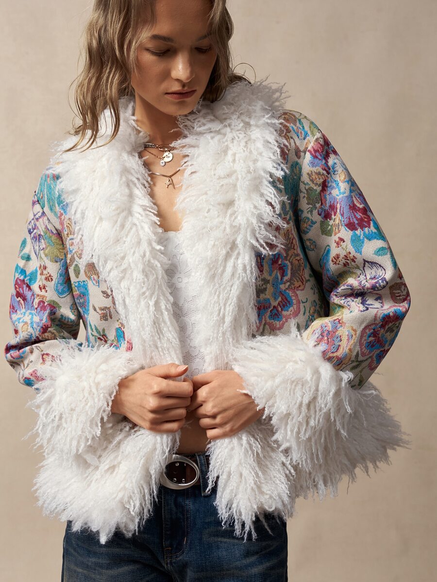 Bohemela Women's Jacquard Patchwork Fuzzy Long Sleeve Loose Fashion Jacket - Multicolor - View 1
