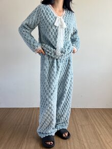 DAZY Women's Comfortable Lace Patchwork Long Sleeve Top And Soft Knit Long Pants Pajama Set - Blue - View 6