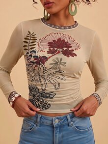 Travachic 女款花卉印花修身百搭日常穿著上衣 - 彩色 - 查看 3