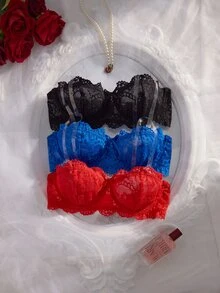 Crystal Vow 3pcs Set Detachable Transparent Strap Romantic Lace Underwire Bra - Multicolor - View 1