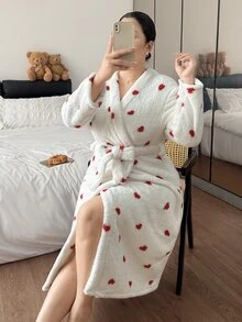 CottageSlumber Heart Print Plus Size Long Sleeve Plush Robe - White - View 5