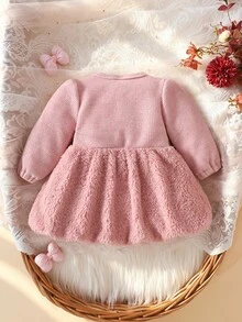 SHEIN 1 Piece Baby Girls Tutu Dress Cute Sweet Dusty Pink Bowknot Fuzzy Plush Skirt Long Sleeve Round Neck Thick Birthday Winter Fall Jumpers - Dusty Pink - View 4