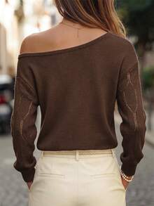 SHEIN New Spring Summer Vintage Leaf Weave Knit Top Women Off Shoulder Long Sleeve Vacation Loose Blouse - Coffee Brown - View 2