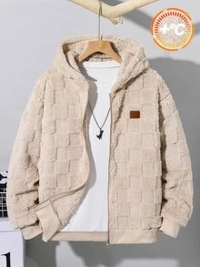 SHEIN 青少年男孩休閒格紋毛絨連帽夾克，附裝飾補丁，適合秋冬返校季 - 杏色 - 查看 2