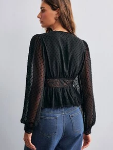 Willow Rêve Women's Lace Patchwork V-Neck Button-Down Black Blouse - Black - View 2