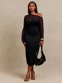 SHEIN SXY Black High Elasticity Knit Mesh Patchwork Asymmetric Neckline Long Sleeve Fitted Midi Dress - Black - View 9