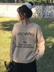 DAZY Women's Contrast Letter Pattern Embroidered Loose Long Sleeve Crew Neck Casual Daily Vacation Korean Street Style Autumn/Winter Knit Sweater - Khaki - View 3