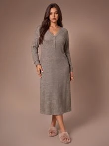 Lazeform Plus Size Women Brown V-Neck Half-Button Front Dropped Shoulder Soft Comfortable Rice Fleece Knit Fabric Casual Daily Home Wear Long Sleeve Nightgown - Brown - View 5