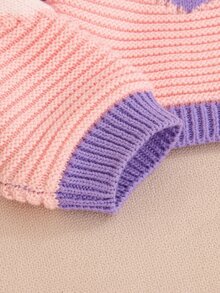 Tween Girls Heart Colorblock Knit Cardigan V-Neck Short Contrast Heart Pattern Sweater Jacket, Stylish Autumn/Winter Knit Top For Girls, Suitable For Daily Wear, School, Travel, Vacation, Party And Photo Shoots - Purple - View 5