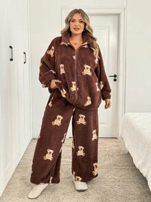 SHEIN CURVE+ Plus Size Thick Fleece Autumn/Winter 2 Pieces Set Long Pants + Cardigan - Multicolor - View 4