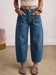 EMERY ROSE Plus Size Street Style Button Pocket Denim Cropped Pants - Blue - View 3