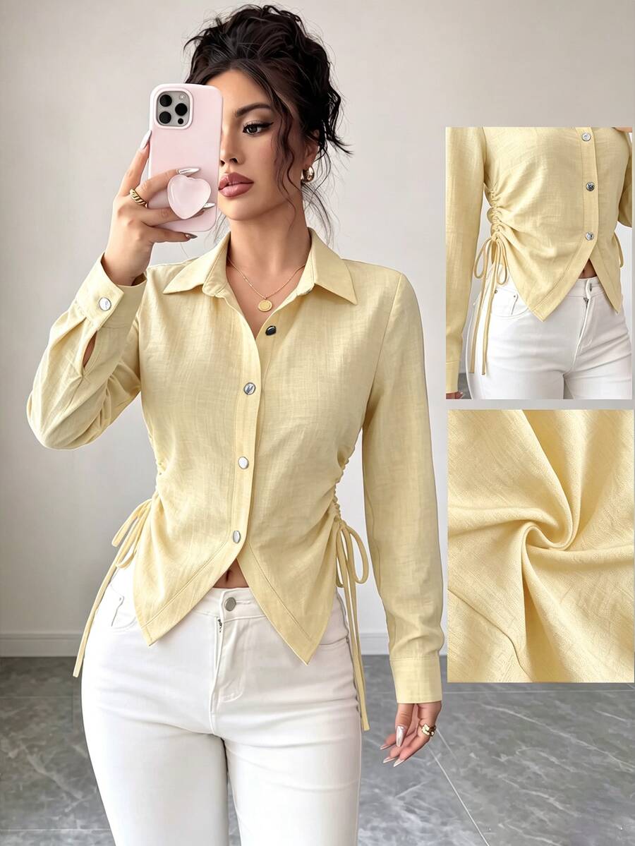 SHEIN Elenzya Kemeja Wanita Gaya Jalanan dengan Tali Serut di Pinggang dan Kancing Depan - Kuning - View 1