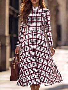 Editum Women's Plaid Casual Party Mid-Length Dress - Burgundy - View 7