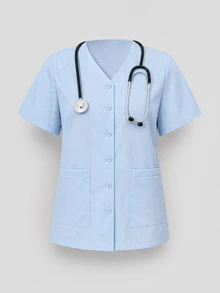 TaskEZ Light Blue Short Sleeve Top With Multiple Pockets And Cuffed Long Pants With Side Pockets, Comfortable And Convenient Minimalist Scrub Uniform 2 Pieces Set - Blue - View 3
