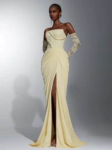 Elitara Elegant Luxurious Yellow Sexy Strapless Satin Contrast Lace Ruched Slit Back Tie-Up Braided Rope Decor Mermaid Dress For Wedding Events, Bachelorette Party, Vacation, Ball, Evening Gala - Yellow - View 6