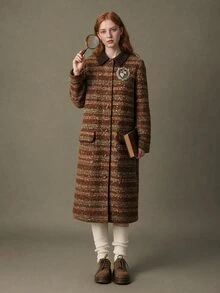 Elnivra Women's Striped Long Sleeve Lapel Long Vintage Overcoat - Brown - View 5