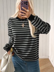 SHEIN EZwear Áo nỉ dài tay kẻ sọc phong cách thường ngày cho nữ - màu đen - Xem 4
