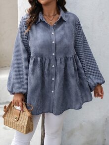SHEIN LUNE Plus Size Fashion Plaid Button Long Sleeve Shirt For Daily Wear - Navy Blue - View 2
