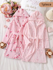 ชุดนอนเด็กหญิงวัยรุ่น, เสื้อคลุมมีฮู้ดแขนยาวลายเชอร์รี่สีชมพูและสีแดง ...