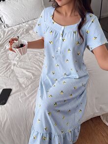 Napfluff Lemon Plaid Print Ruffle Trim Mid-Length Loose Short Sleeve Women's Nightgown - Blue - View 4