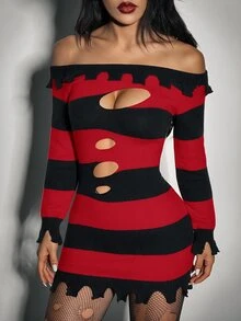 SHEIN ICON Gaun Rajut Kasual Wanita dengan Bahu Asimetris dan Kombinasi Warna, Kostum Halloween untuk Wanita - Merah dan hitam - View 6
