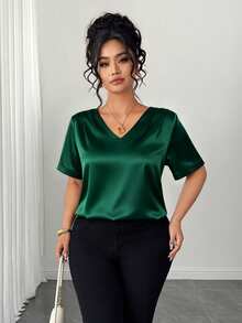Elenzga Plus Size Elegant Glossy Minimalist V-Neck Satin Top For Women, Casual Business Summer - Dark Green - View 3