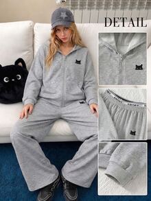 SHEIN Genkimix Kids 女童貓咪圖案拉鍊連帽外套與寬腿運動長褲2件套，休閒寬鬆運動休閒服 - 灰色 - 查看 3