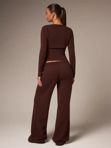 Athîral Women's Deep V-Neck Fitted Top And Solid Color Long Pants 2 Pieces Set - Multicolor - View 2