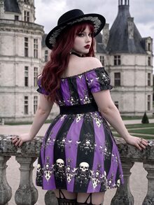Whyspr Gaun Ukuran Plus Terbaru untuk Halloween, Model A-Line dengan Motif Tengkorak, Bahu Terbuka, Patchwork Renda, dan Potongan Pinggang yang Mengencangkan. - MultiWarna - View 2